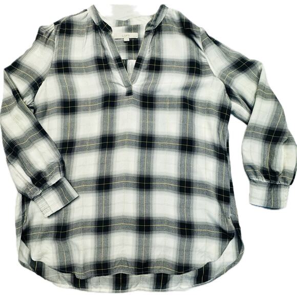 Loft Popover Split V-Neck Long Sleeve Tunic Top Women Lp White Black Gold Plaid - Picture 4 of 12